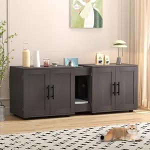 Extra Large Double Room Cat Litter Box Enclosure for 2 Cats, Hidden Wooden Cat Washroom Cabinet, Enclosed Litter Box Furniture, Spacious Cat House & TV Stand, Multi-Functional Pet Cabinet, 55”L x 17.7”W x 22.5”H, Modern White & Walnut