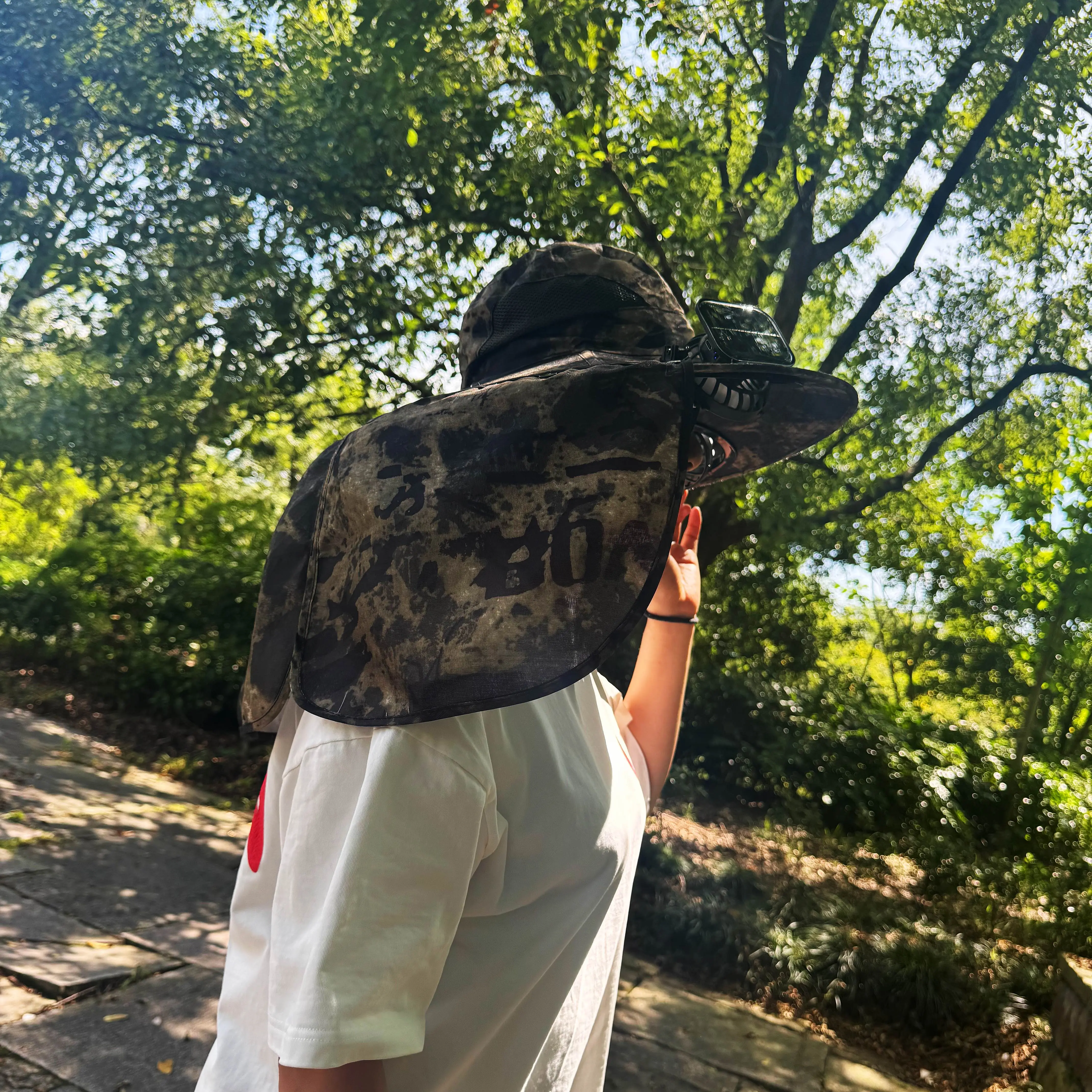 USB Rechargeable Solar Fan Hat with Neck Flap, 3 Speed Camo Cooling Sun Hat for Fishing and Outdoor Work