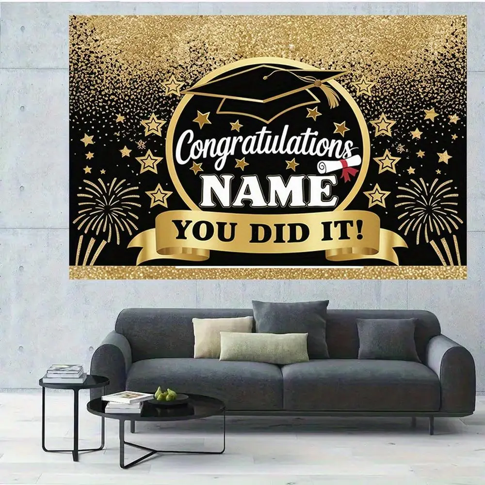 1PC 2D Flat Custom Graduation Party Backdrop - Personalized Name, "Congratulations" "You Did It" Design with Grad Cap & Fireworks, Backdrops & Banners Decorative Festive, Congrats Grad Festive Decor, Congrats Grad Festive Backdrops & Banners