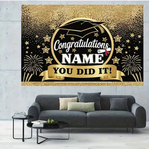 1PC,2D Flat Backdrop Custom Graduation Party Backdrop, Personalized Name "Congratulations" Graduation Decoration Banner, "You Did It" Design with Grad Cap & Fireworks, Perfect for Grad Celebration Decor