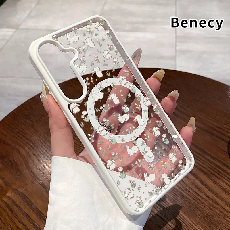 Tulips with Bunny Pattern Magnetic Phone Case Compatible with Galaxy S23 Ultra S24 Plus FE S25 S22+ Anti-Yellowing Shockproof Lightweight Transparent Acrylic Soft Cover Supports Wireless Charging