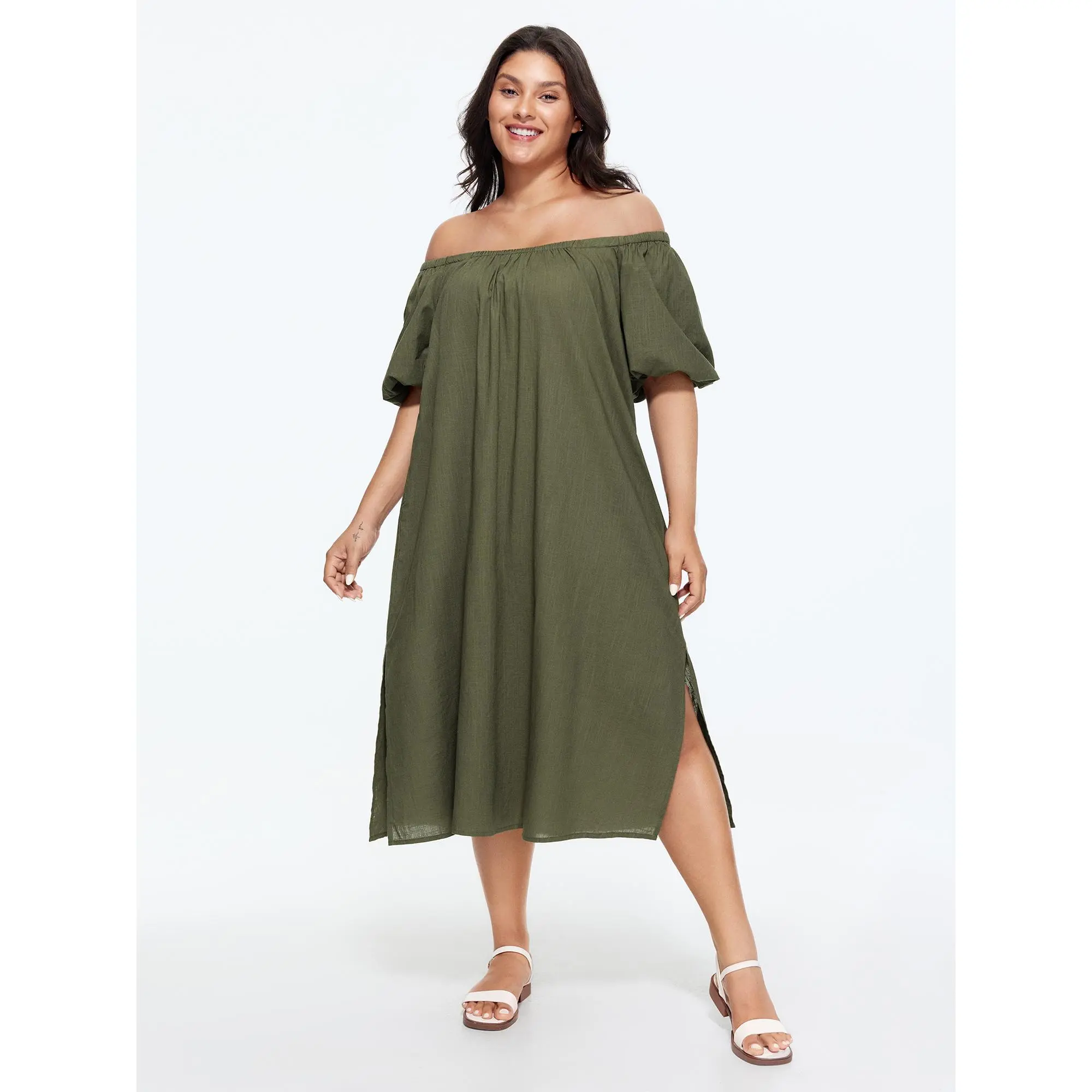 BloomChic Women's Plus Size Clothes Cold-Shoulder Puff Short-Sleeve Basic Cotton Garment - 100% Cotton, Smooth Fabric, Shirred Bodice, Pockets, Low Iron, Pull-On Casual Summer Midi Dress