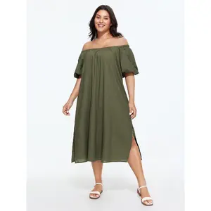 BLOOMCHIC Plus Size Cotton Cold-Shoulder Puff Sleeve Midi Dress [M-6X]2026 Summer Vibes Swimweek