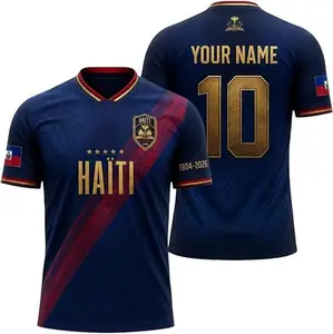 Custom Name Number Haiti Graphic Jersey, HT Flag 1804 2026 Commemorative Top, Navy Blue Gold Coat of Arms Sportswear, Men Women Unisex Casual Clothing, Caribbean Pride Game Day Outfit, Gift for Soccer Fans
