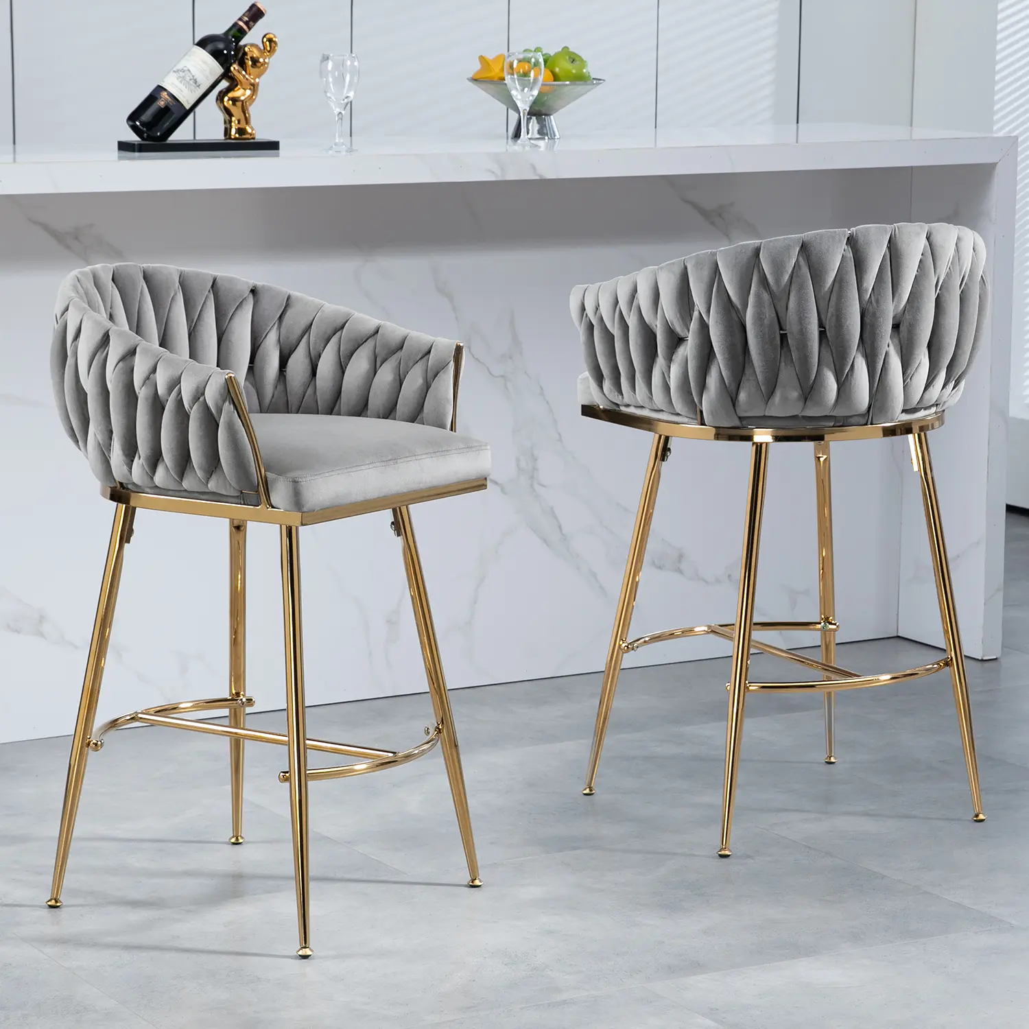 Dreamzon 26'' Counter height bar stools Set of 2,velvet kitchen island counter bar stool with hand- wave back,golden chromed base and foot rest(GREY)