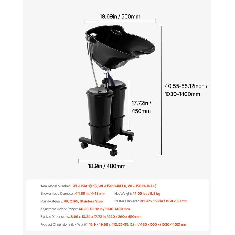 VEVOR Portable Shampoo Bowl, Shampoo Sink for Washing Hair with Electric Pump, Includes 2 Buckets 2 Showerheads, Drain Hose, Height and Angle Adjustable Portable Wash Bowl for Home Salon Use, BlackHoliday gifts