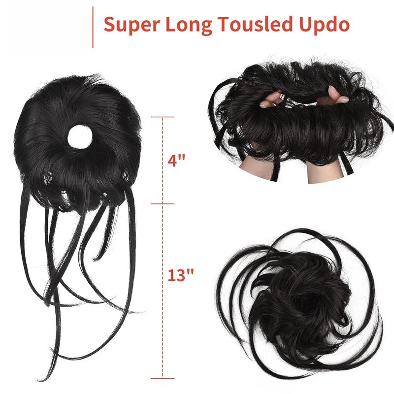 Messy Bun Hair , Super Long Tousled Updo Bun Extensions Wavy Hair Wrap Ponytail Hairpieces Scrunchies with Elastic Hair Band for Women HB007 Grace - Off Black