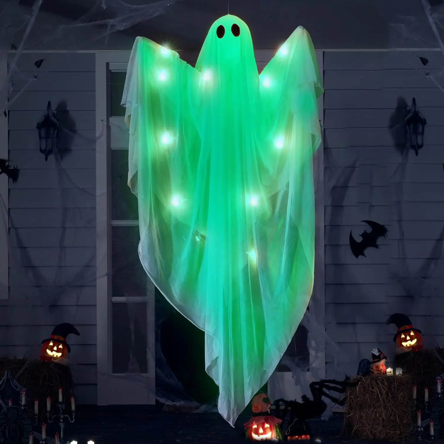 JOYIN Halloween Hanging Light up Ghost, 47" White Ghosts with Green LED Light and Timer Halloween Hanging Decoration Waterproof for Front Yard Patio LawnGarden Party Decor Indoor Outdoor
