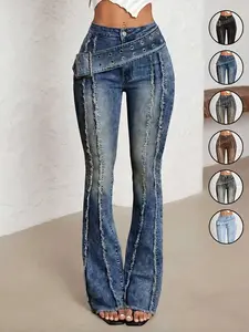 Women's Casual Bell-Bottom Jeans With Metal buckle belt Button And Eyelets Big Belt，Bootcut Jeans,Comfortable Stretch Denim Jeans，Patchwork Fringe Washed Vintage Long Pants, Casual Denim Trousers for Everyday Wear