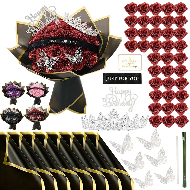 24 Pcs Mother's Day Gift Glitter Roses Bouquet Set DIY Fake Flowers Bouquet with 3D Butterflies Crowns Alphabet Stickers & Ribbons for Girlfriend Wife Mom Women Gift Perfect for Valentine's Day Birthday Engagement Wedding Anniversaries Graduation