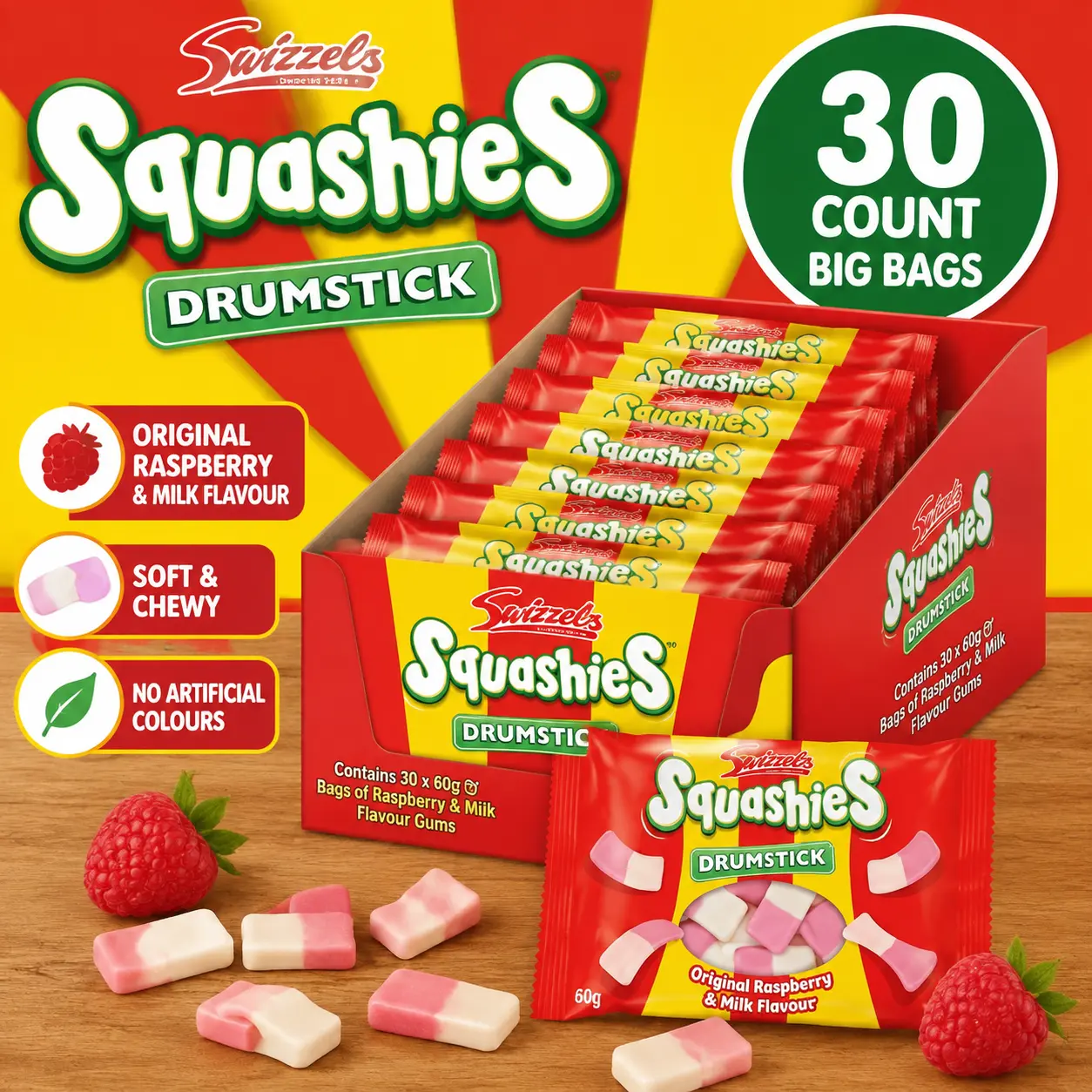 Swizzels UK Import Squashies Raspberry Drumstick Big Bags 60g 30 Count Soft Chewy Candy