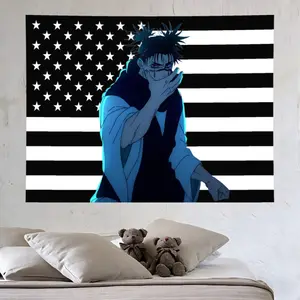 Choso Jujutsu Kaisen Polyester Black American Flag Print Tapestry - Anime Character Wall Hanging, Aesthetic Home Decor Accessory, Machine Wash Home Supplies for Bedroom, Wedding (As Show)