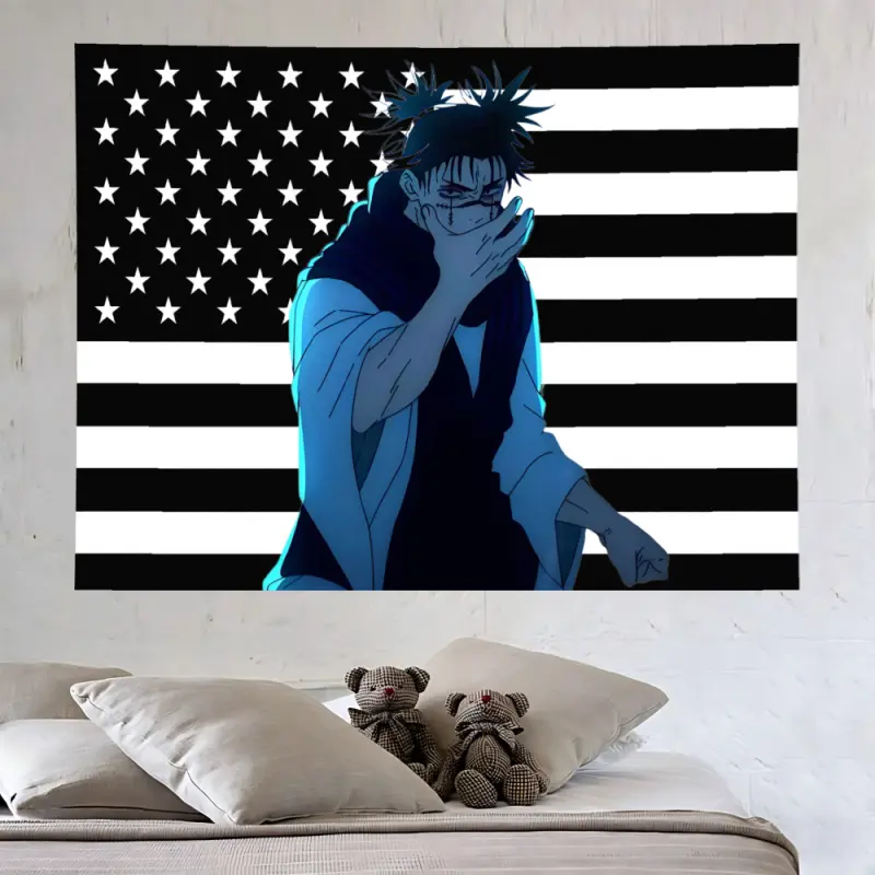 Choso Jujutsu Kaisen Synthetic Black American Flag Print Tapestry - Durable Anime Living Room/Masquerade Room Decor, Memorial Day US Pride Wall Hanging, Machine-Washable Home Supply (As Shown)