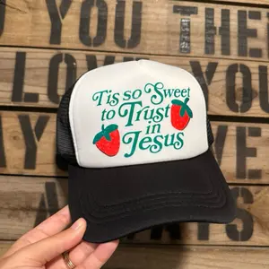 'Tis So Sweet to Trust in Jesus Strawberry Trucker Hat - Comfortable Flexible Adjustable Design for Everyday Wear