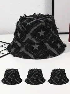 Star Patched Raw Edge Design Bucket Hat, Fashion Matching Hat, Casual Outdoor Sun Protection Cap for Women & Men, Fashion Accessories for Daily Wear