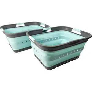 42 (11 Gallons) Collapsible Plastic Laundry Basket, Foldable Pop Up Storage Container Organizer, Space Saving Hamper, Portable Bin for Dorm Room Bathroom (2 Pack, Grey/Lake Green)