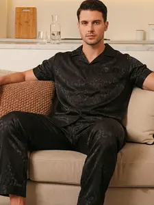 Men's Leopard Print Pajamas, Pjs, Pyjamas, Short Sleeve Long Pants Set, Comfortable Nightwear, Casual Home Loungewear, Suitable for All Seasons