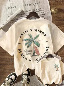 Women's Plus Size Palm Tree Surf Club Graphic Tee, Casual Round Neck Short Sleeve Summer T-Shirt Top, Fitted Daily Wear for All Seasons Womenswear