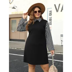 Women's Plus Size Long Sleeve Knit Dress, Houndstooth Patchwork Design, Elegant Classic Style, Perfect for High-End Clubs