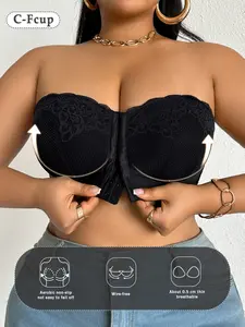Plus Size Front Buckle Adjustable Push-Up Wireless Bra, Comfortable Anti-Slip Invisible Strapless No-Strap Halter Top, Medium Support All Seasons