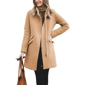Women's long jacket classic front zipper casual winter wool blend pea jacket long jacket M9N186(Sheets)