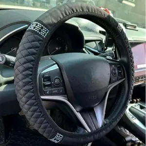 Bling 15 Inch Rhinestone Leather Steering Wheel Cover Soft PU Leather High Gloss Rhinestones Quick Installation Non-Slip Lining Car Accessories for Women