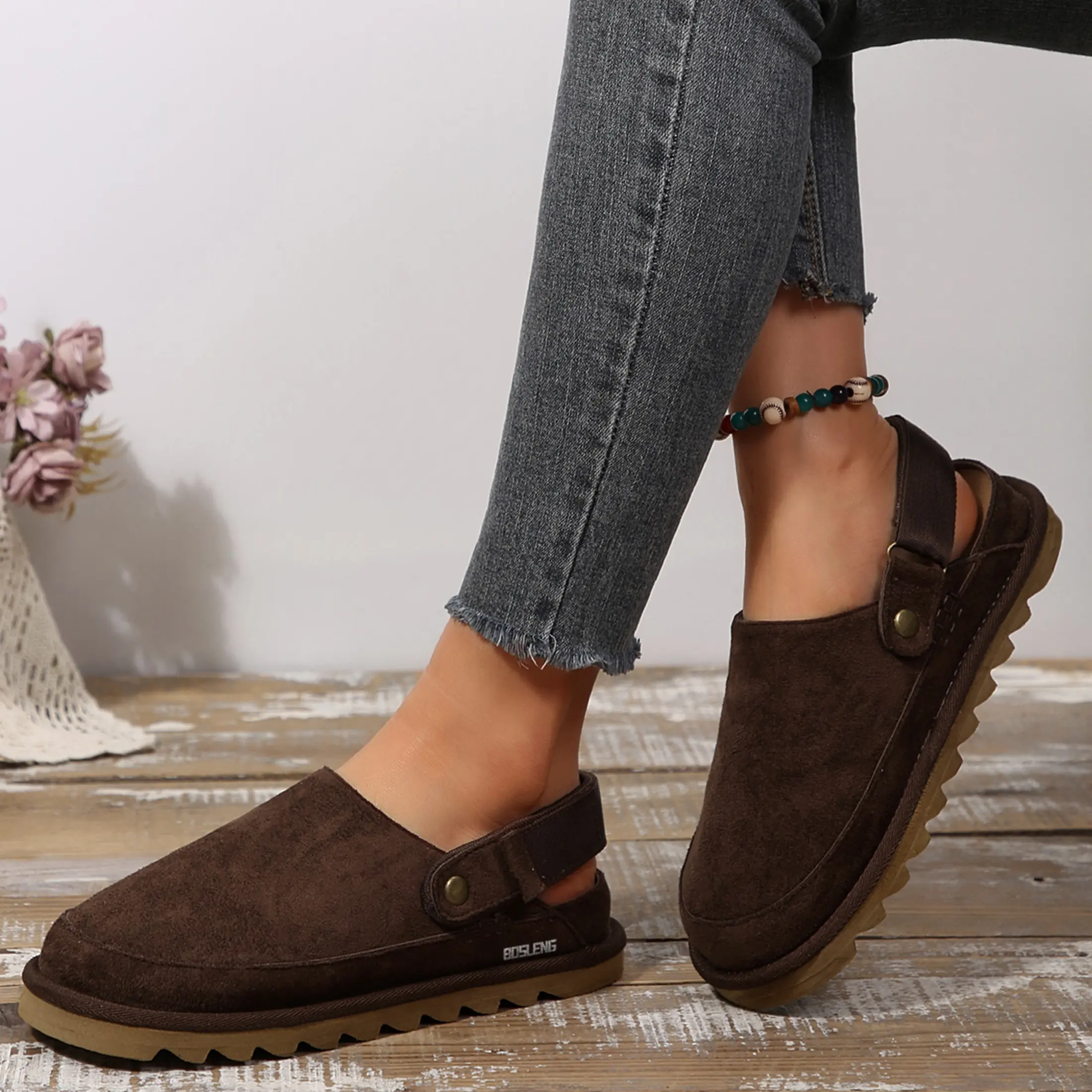 Women's Suede Clog Sandals Adjustable Ankle Strap Comfy Thick Sole Casual Mule Shoes Indoor Outdoor