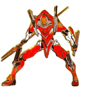 Unit 02 Assault-Type Mecha Pin - Red Pilot Frame Enamel Brooch with Dynamic Pose and Gold Accents