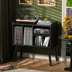 Record Player Table, Mid-Century Record Player Stand with Vinyl Storage Hold Up to 150+ Albums, Vinyl Record Cabinet with Adjustable Shelves,  Turntable Stand for  Living Room (Black)