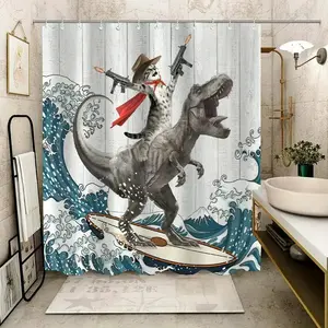 Dinosaur and Cat Pattern Removable Shower Curtain, Decorative Shower Curtain, Waterproof Bathroom Curtain with 12 Hooks, Decor for Home, Hotel, Apartment, Dorm, Spa and Restroom