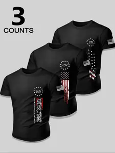 Men's Flag Print Short Sleeve Tee, Regular Fit Casual Letter Graphic Round Neck T-shirt for Summer, Men's Top for Daily Wear