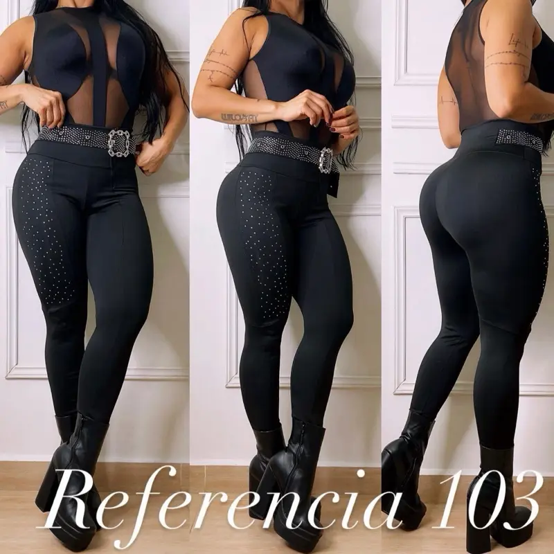 Colombiana Suplex Leggings Referencia 103 - Black with Rhinestones and Buckle Detailing