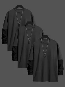 Men's Colorblock 2 in 1 Drop Shoulder Long Sleeve Tee, Casual Loose Round Neck T-shirt for Daily Wear, Men's Top for All Seasons