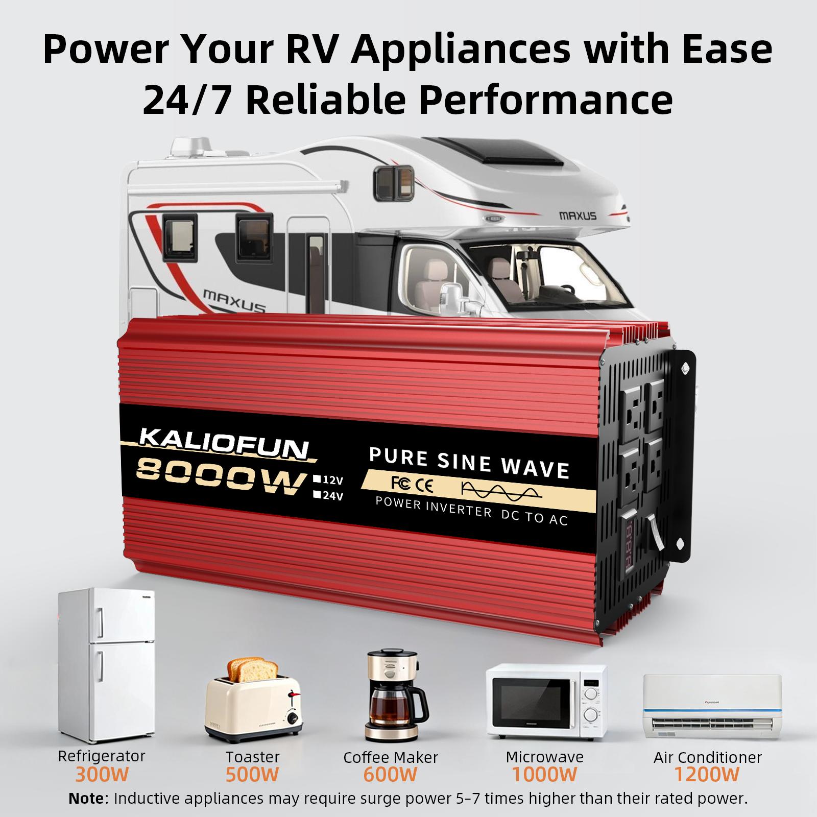 KALIOFUN 3000W/8000W high-power pure sine wave inverter, 12V DC to 110V AC converter, equipped with an LED display and 4 US-style outlets, ideal for cars, home emergency power systems, and outdoor power supply applications