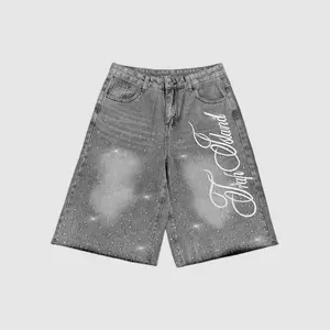 Men's High Cotton Y2K Rhinestone Baggy Denim Shorts, Retro Gray Washed Jorts with Sparkling Starry Rhinestones & Cursive Script Print, Grunge Streetwear Casual Jean Shorts for Men