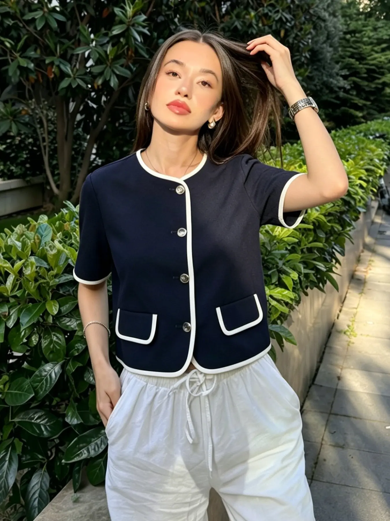 Blazers Short Sleeve Jacket For Women Single-Breasted Patch Pockets Loose Casual Coat Summer Elegant Lady Office Looks Women's Top Vest Women Fashion Outerwears New In Coats Womenswear
