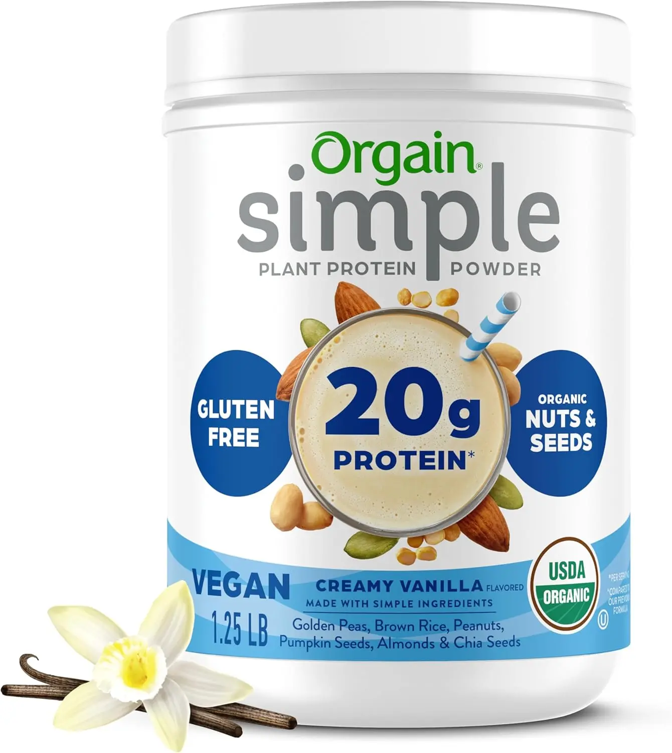 Orgain Organic Simple Blend Vegan Protein Powder - Vanilla, 20g Plant-Based Protein, Few Ingredients, No Artificial Sweeteners, Gluten/Dairy/Lactose-Free, 1.25 lb (Packaging May Vary)