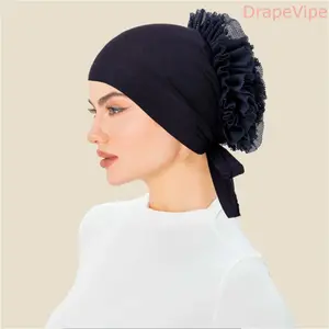 Elegant Floral Lace Turban Hat for Women, Solid Color Head Wrap Cap, Mercerized Cotton Mesh Beanie with Large Flower Detail, Breathable Full Coverage Hair Wrap for Chemo, Sleep, Modest Fashion, Parties & Daily Wear