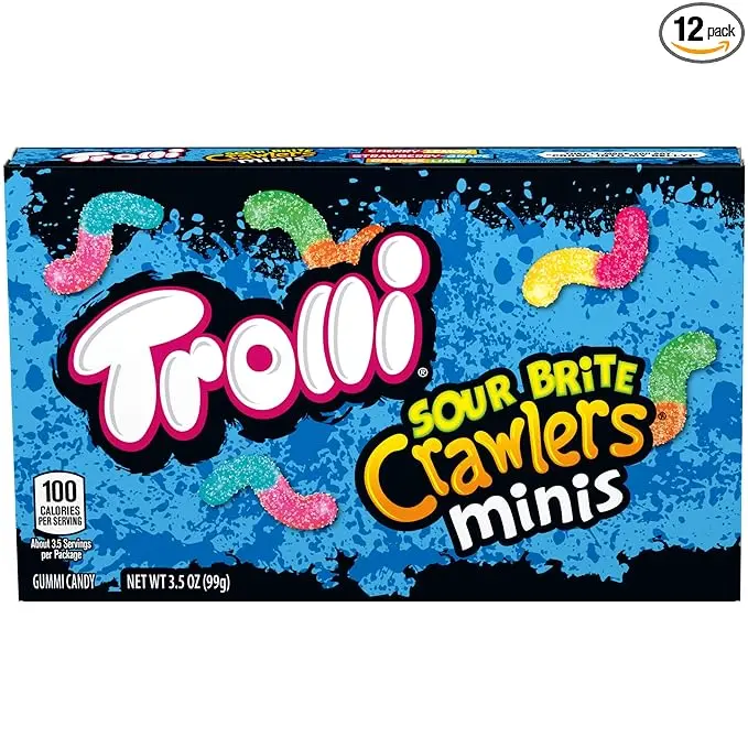 Trolli Sour Brite Crawlers Minis, Sour Gummy Worms, 3.5 Ounce Theater Candy Boxes (Pack of 12)