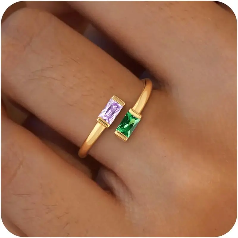 Women's 14K Gold Plated Non-Tarnish Adjustable Emerald April Birthstone Ring, Cubic Zirconia Promise Ring, Waterproof Personalized Jewelry for Women, Mom Birthday & Anniversary Gifts, Promise Rings