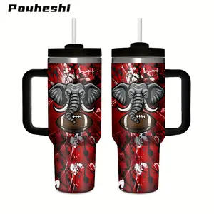 1Pc/40 oz elephant and rugby themed water cup, suitable for family, friends or classmates, 304 stainless steel, stainless steel with handle, straw or direct drink, shatterproof, commemorative cup Stainless Steel Tumbler Digital Egg Insulated Dr Pepper
