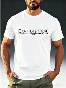 Men's Fashion T-Shirt, French Cool Theme C'estpasfaux, Sword Text Print, Eye-Catching Design, Comfortable Skin-Friendly Short Sleeve Top