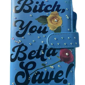 Sparkly Blue Budget Binder Set with 6 Zippered Cash Envelopes 6 Budget Sheets & Matching Blue Pen Rhinestone Details for Savings Journey