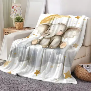 Cute Elephant on Cloud Throw Ultra Soft Flannel Cooling Throw Blanket Cozy Warm Lightweight Nap Blanket, Skin-Friendly Breathable No Shedding, Summer Air Conditioner Blanket for Sofa Bed Office Chair, Perfect for Travel Camping Home Use
