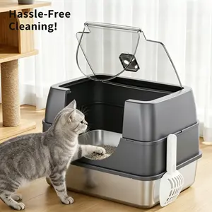 Extra Large Hooded Stainless Steel Cat Litter Box, Odor Control Enclosed Litter Box for Big Cats, Leak Proof High Sided Metal Litter Pan, Anti-Splash Easy Clean Cat Toilet with Litter Scoop