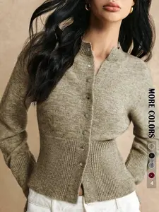 Elegant Slim-Fit Button-Front Cardigan, Fashionable Casual Waist-Centric Knitwear for Fall & Winter Seasons
