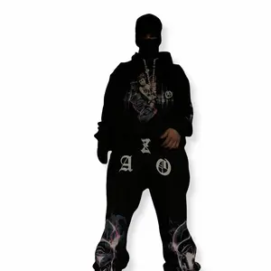 430 GSM Tracksuit - Unisex Black Hoodie with Graphic Design & Matching Pants
