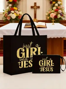 A Lightweight Handbag And Matching Makeup Bag Set, Featuring A Golden "Girl Jesus" Pattern, A Women's Linen Large Capacity Handbag, A Gift Bag For Jesus Believers, A Large Capacity Shopping Bag, A Novel Design, And A Large Capacity Portable Leisure Storag