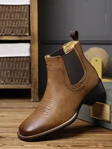 Men's Chelsea Cowboy Boots Square Toe Western Style Casual Work Ankle Boots, PU Leather, Rubber Sole, Spring & Fall