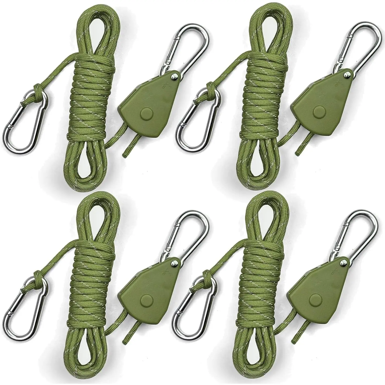 4Pack-1/8in Ratchet Strap, 15ft Longer Paracord Rope with Carry Bag Pullcord, Reflective Portable Adjustable Camping Tent Tarp Tie Down, 150lb Capacity Canoe Securer Grow Plant Light Hanger Pulley Tensioner, Durable Construction
